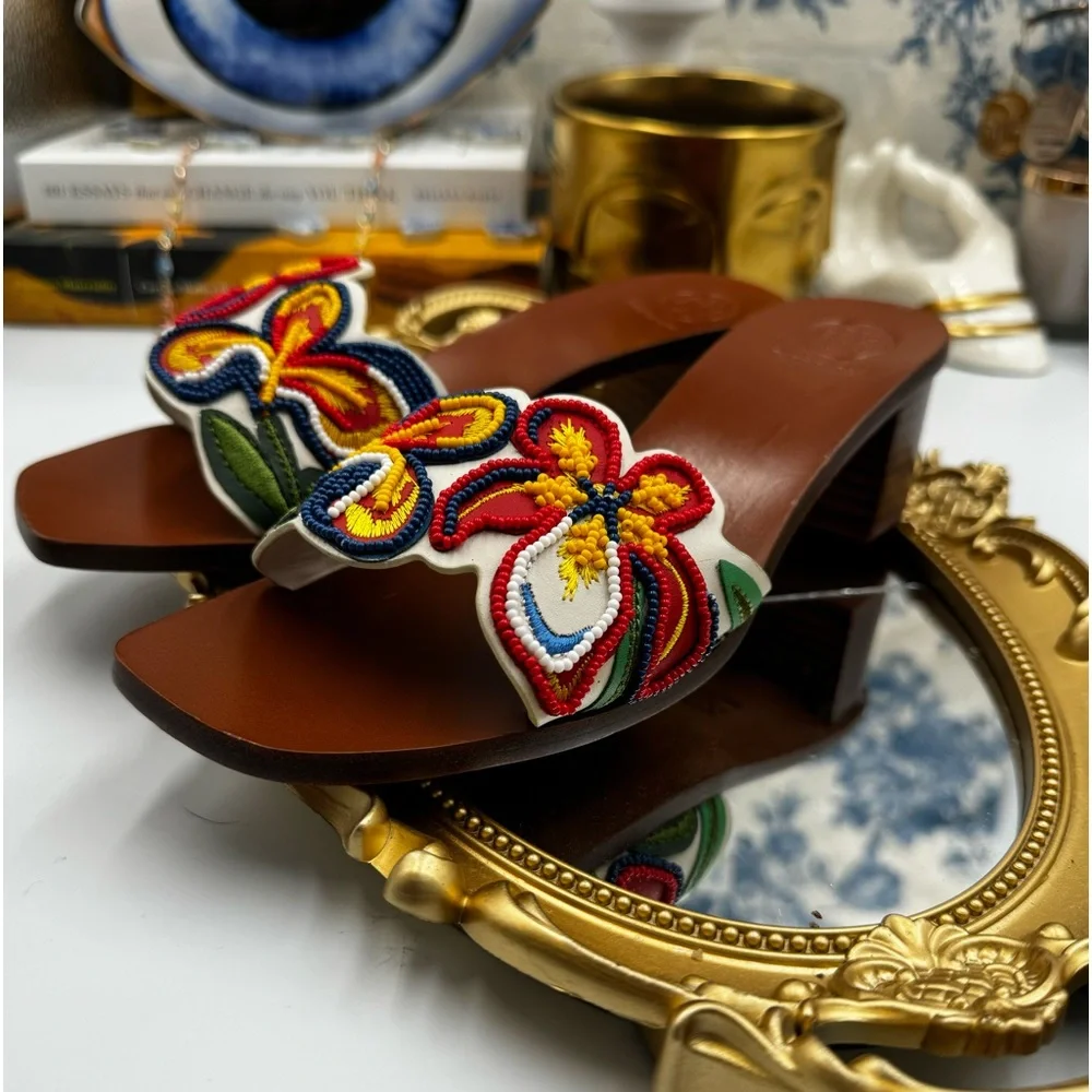 🆕 TORY BURCH 🧿 NWOB Bianca Floral Bead Embellished Slide Sandal, Sz 6.5